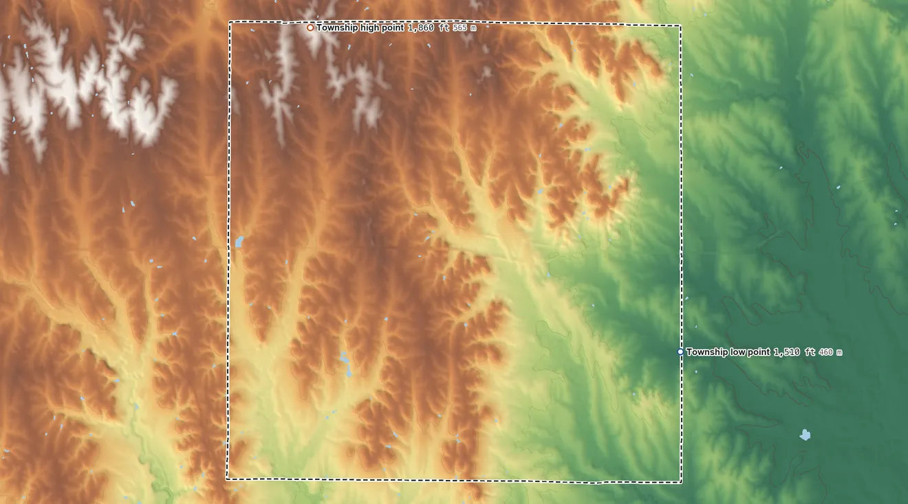 Topographic elevation map of Washington Township, Jewell County, Kansas, shaded from 1,510 ft on the southeast side to 1,860 ft on the northwest side
