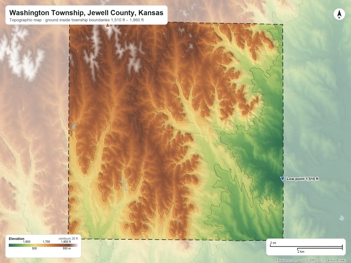 Topographic elevation map of Washington Township, Jewell County, Kansas, shaded from 1,510 ft on the southeast side to 1,860 ft on the northwest side