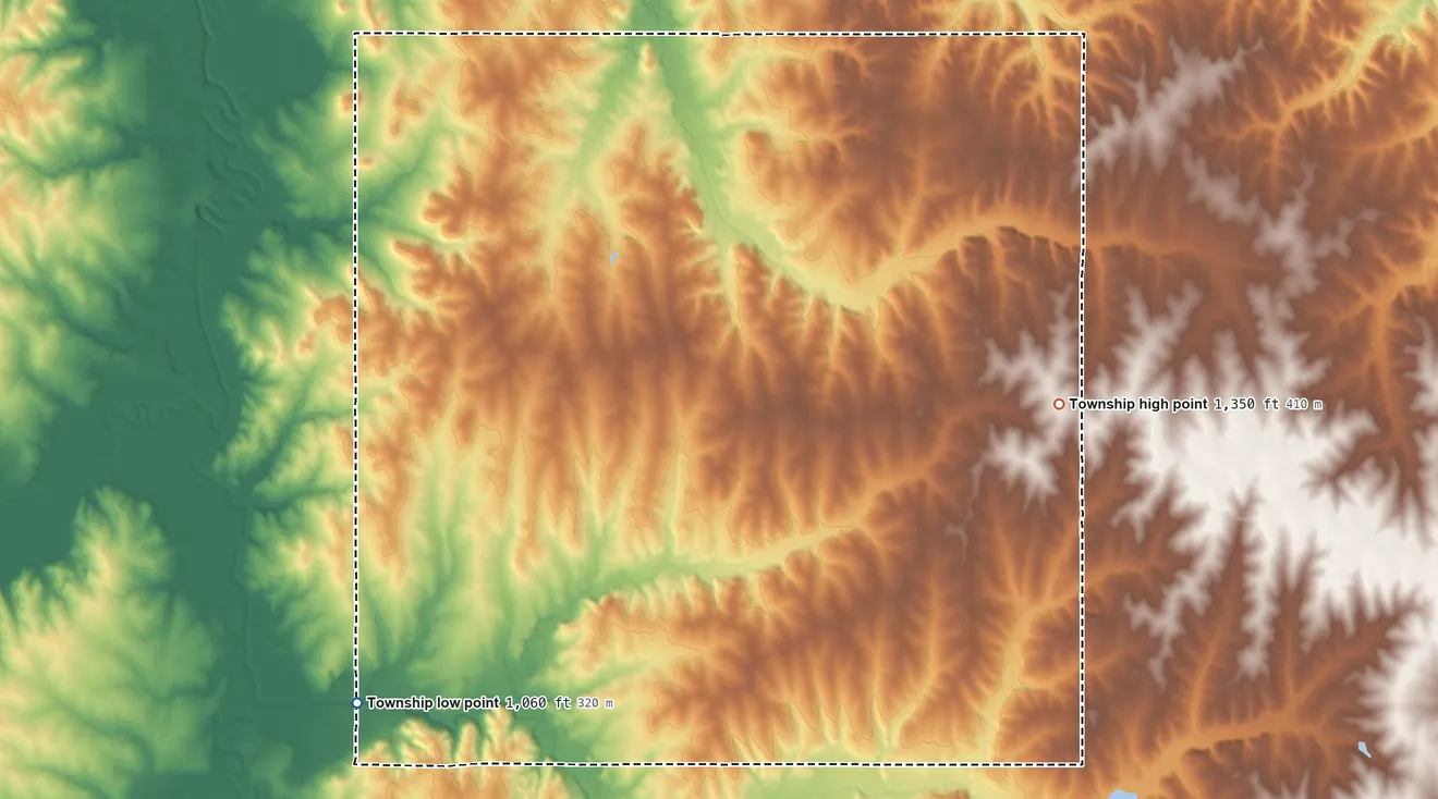 Topographic elevation map of Washington Township, Nemaha County, Kansas, shaded from 1,060 ft on the southwest side to 1,350 ft on the east side