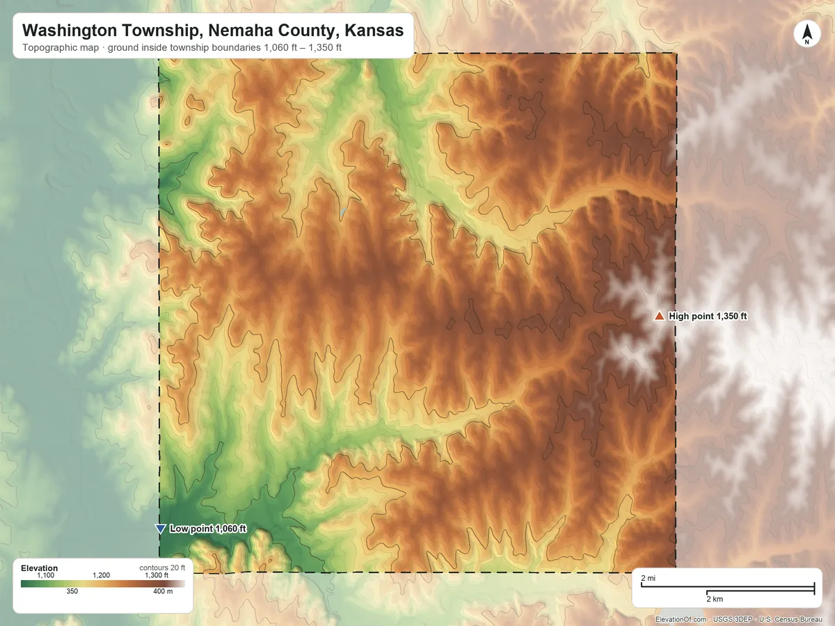 Topographic elevation map of Washington Township, Nemaha County, Kansas, shaded from 1,060 ft on the southwest side to 1,350 ft on the east side