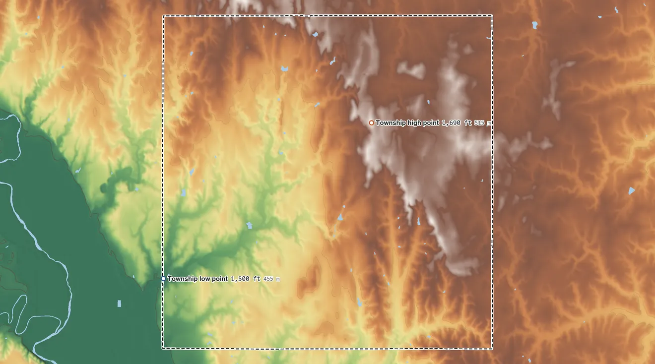 Topographic elevation map of Washington Township, Republic County, Kansas, shaded from 1,500 ft on the southwest side to 1,690 ft on the northeast side