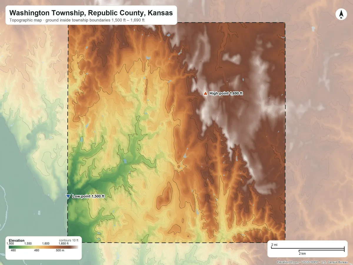 Topographic elevation map of Washington Township, Republic County, Kansas, shaded from 1,500 ft on the southwest side to 1,690 ft on the northeast side