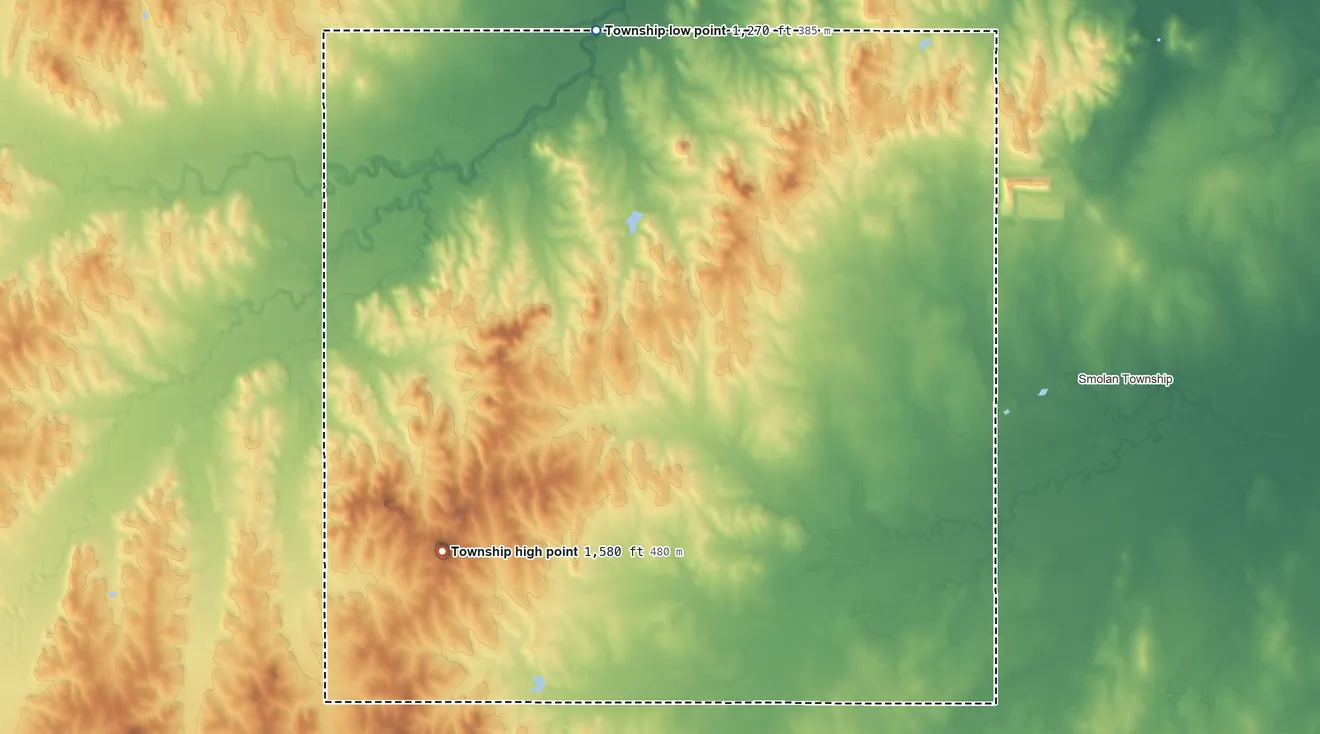 Topographic elevation map of Washington Township, Saline County, Kansas, shaded from 1,270 ft on the west side to 1,580 ft on Soldier Cap Mound