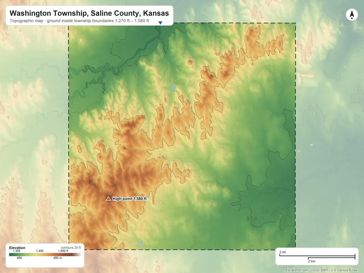 Topographic elevation map of Washington Township, Saline County, Kansas, shaded from 1,270 ft on the west side to 1,580 ft on Soldier Cap Mound