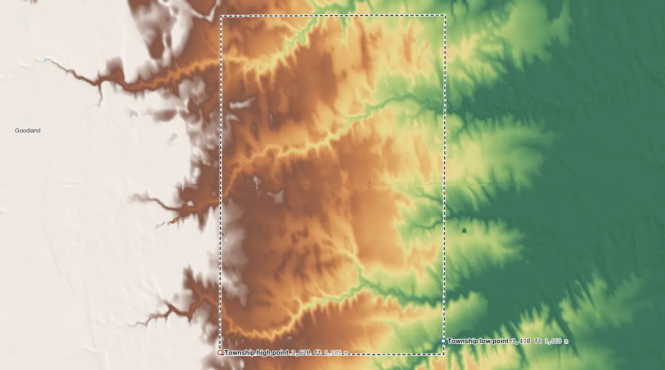 Topographic elevation map of Washington Township, Sherman County, Kansas, shaded from 3,470 ft on the southeast side to 3,620 ft on the south side