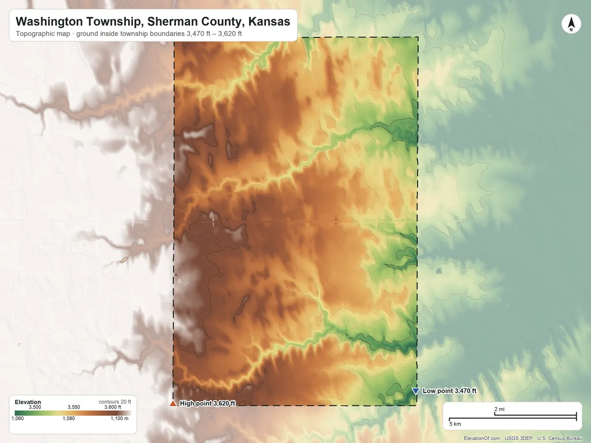 Topographic elevation map of Washington Township, Sherman County, Kansas, shaded from 3,470 ft on the southeast side to 3,620 ft on the south side