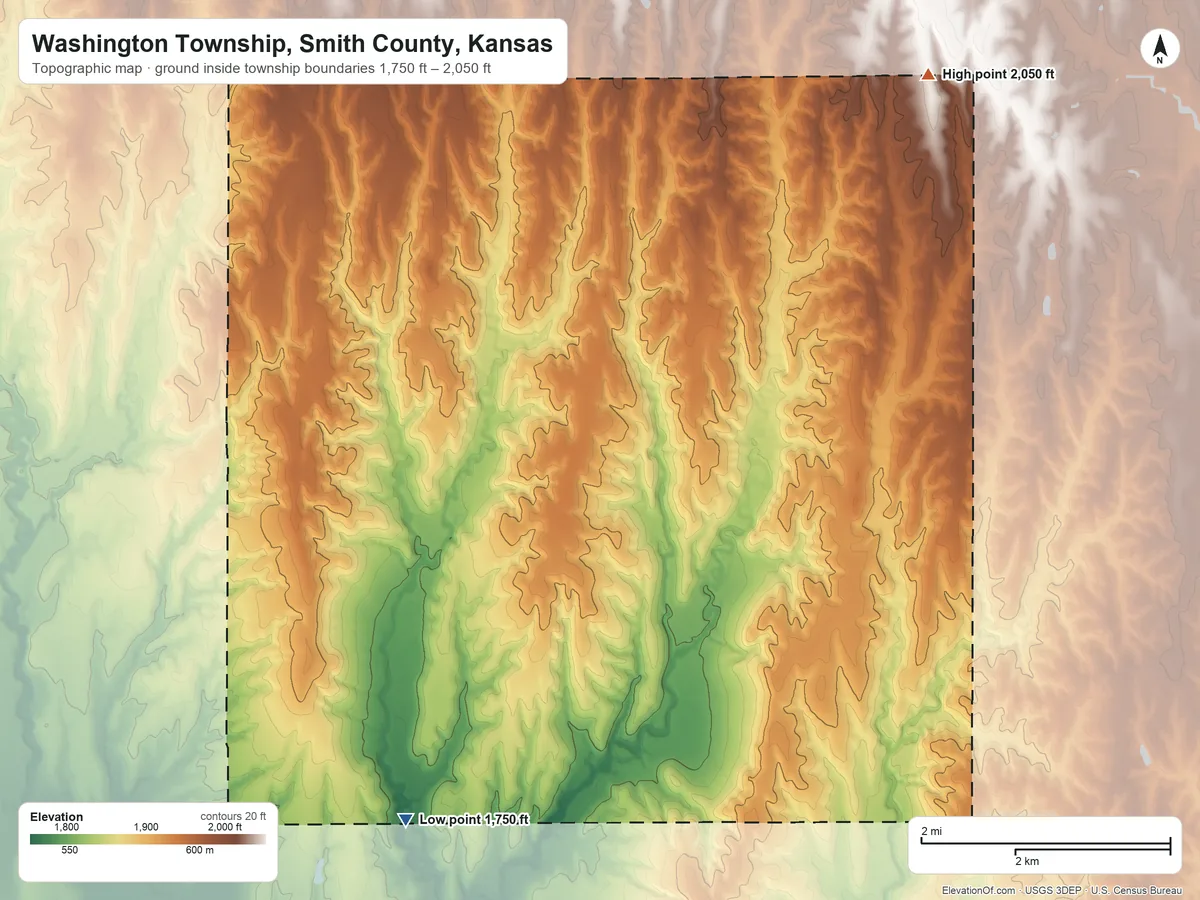 Topographic elevation map of Washington Township, Smith County, Kansas, shaded from 1,750 ft on the southwest side to 2,050 ft on the northeast side