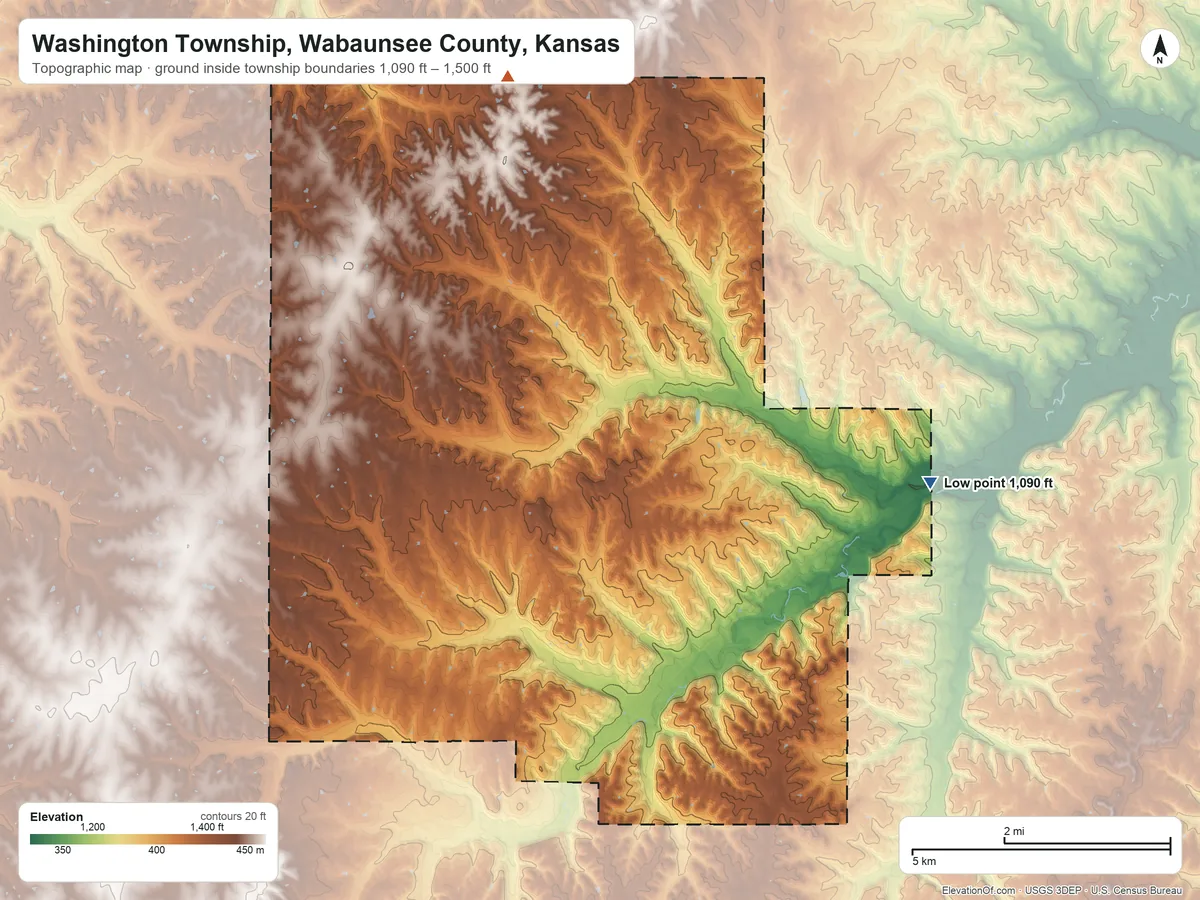 Topographic elevation map of Washington Township, Wabaunsee County, Kansas, shaded from 1,090 ft on the east side to 1,500 ft on the north side