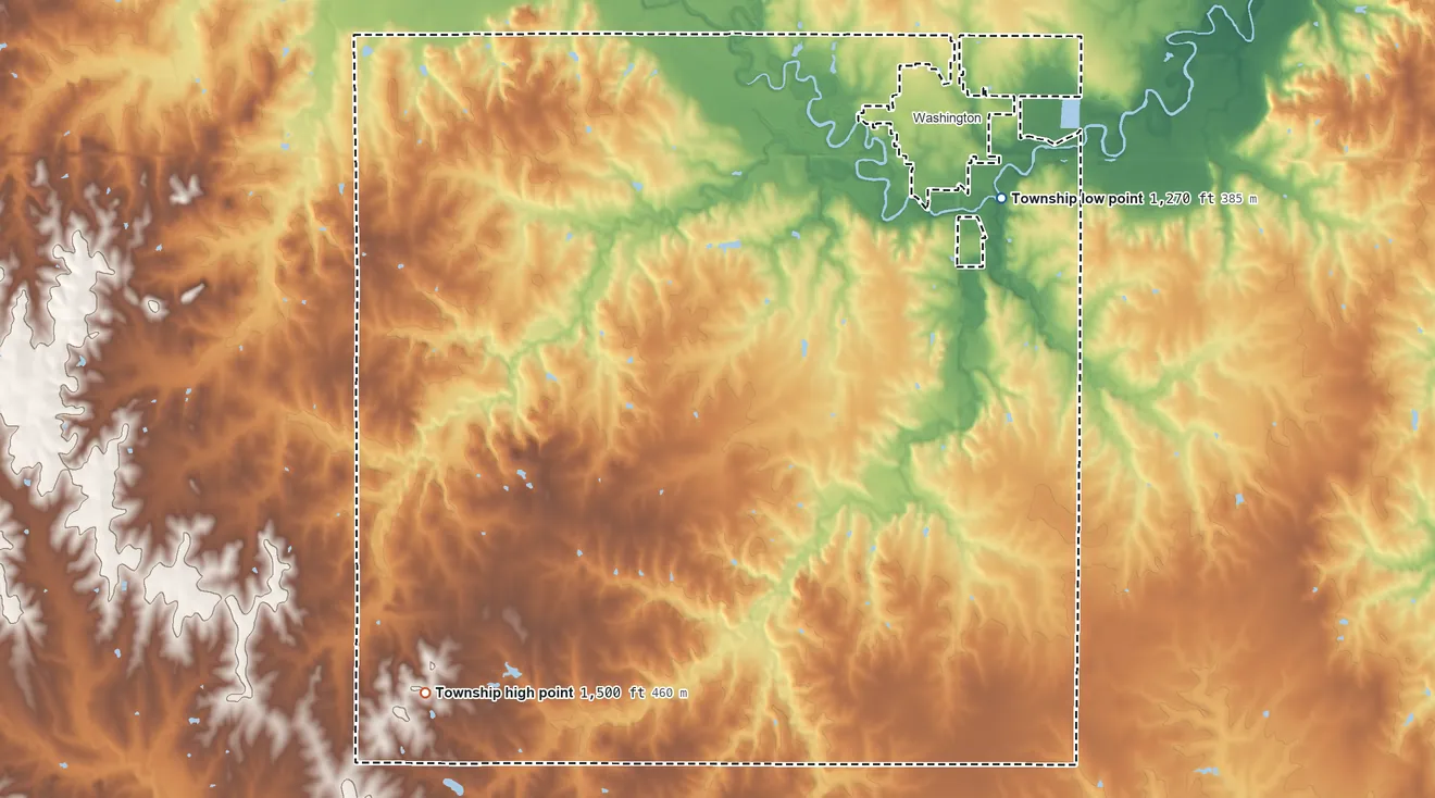 Topographic elevation map of Washington Township, Washington County, Kansas, shaded from 1,270 ft on the northeast side to 1,500 ft on the southwest side