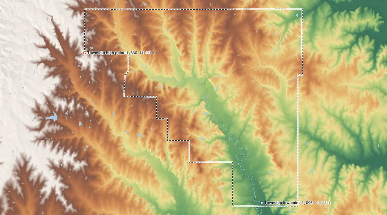 Topographic elevation map of Waterloo Township, Kansas, shaded from 1,090 ft on the southeast side to 1,330 ft on the west side