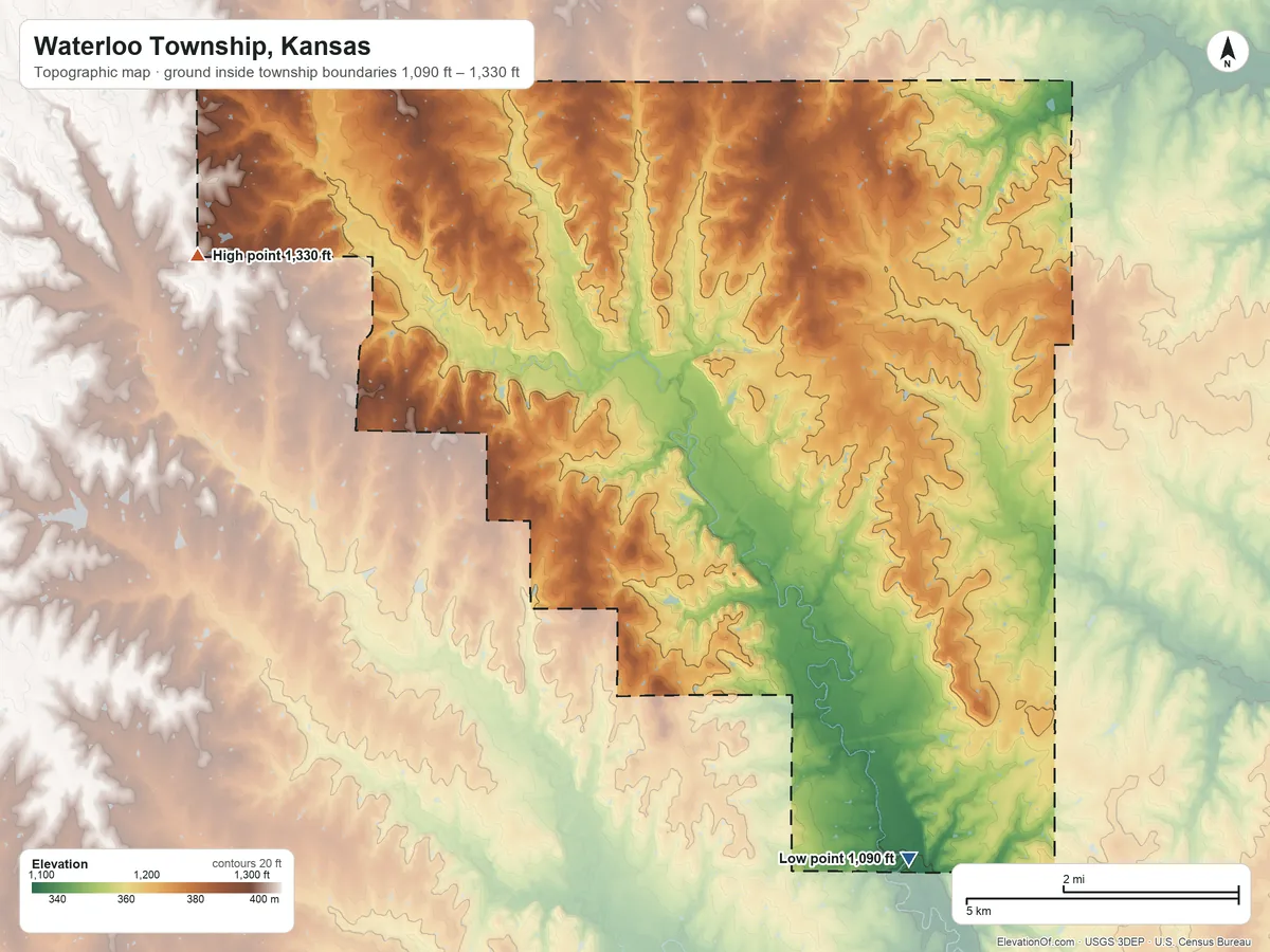 Topographic elevation map of Waterloo Township, Kansas, shaded from 1,090 ft on the southeast side to 1,330 ft on the west side