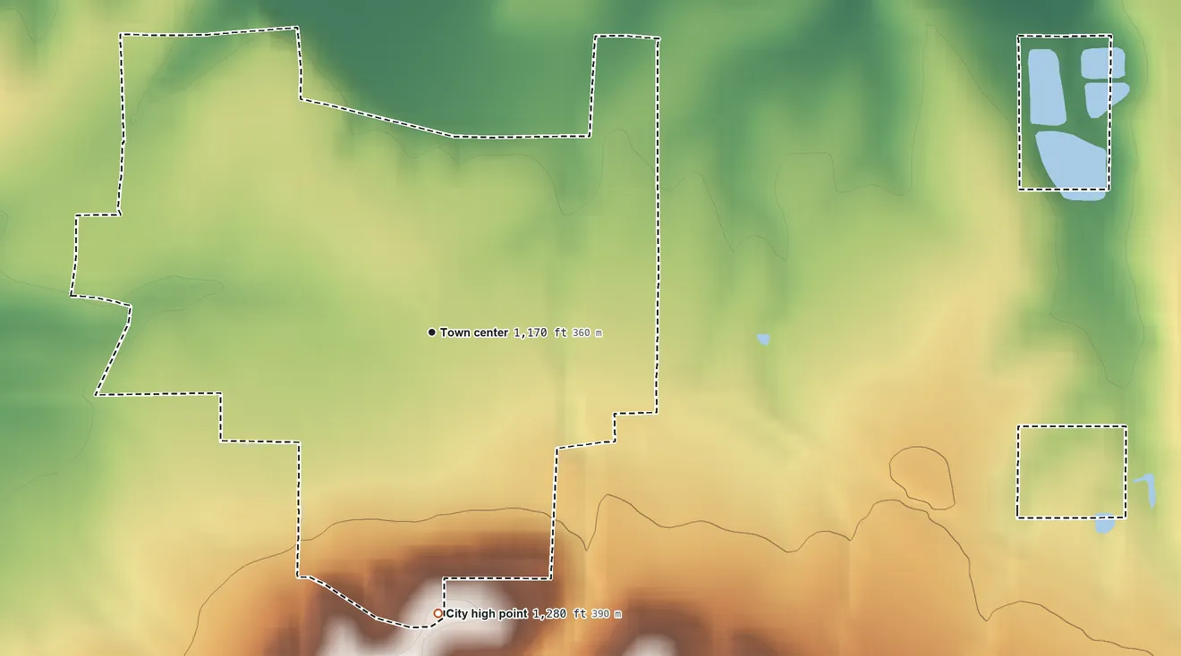Topographic elevation map of Waterville, Kansas, shaded from 1,130 ft on the northwest side to 1,280 ft on the south side
