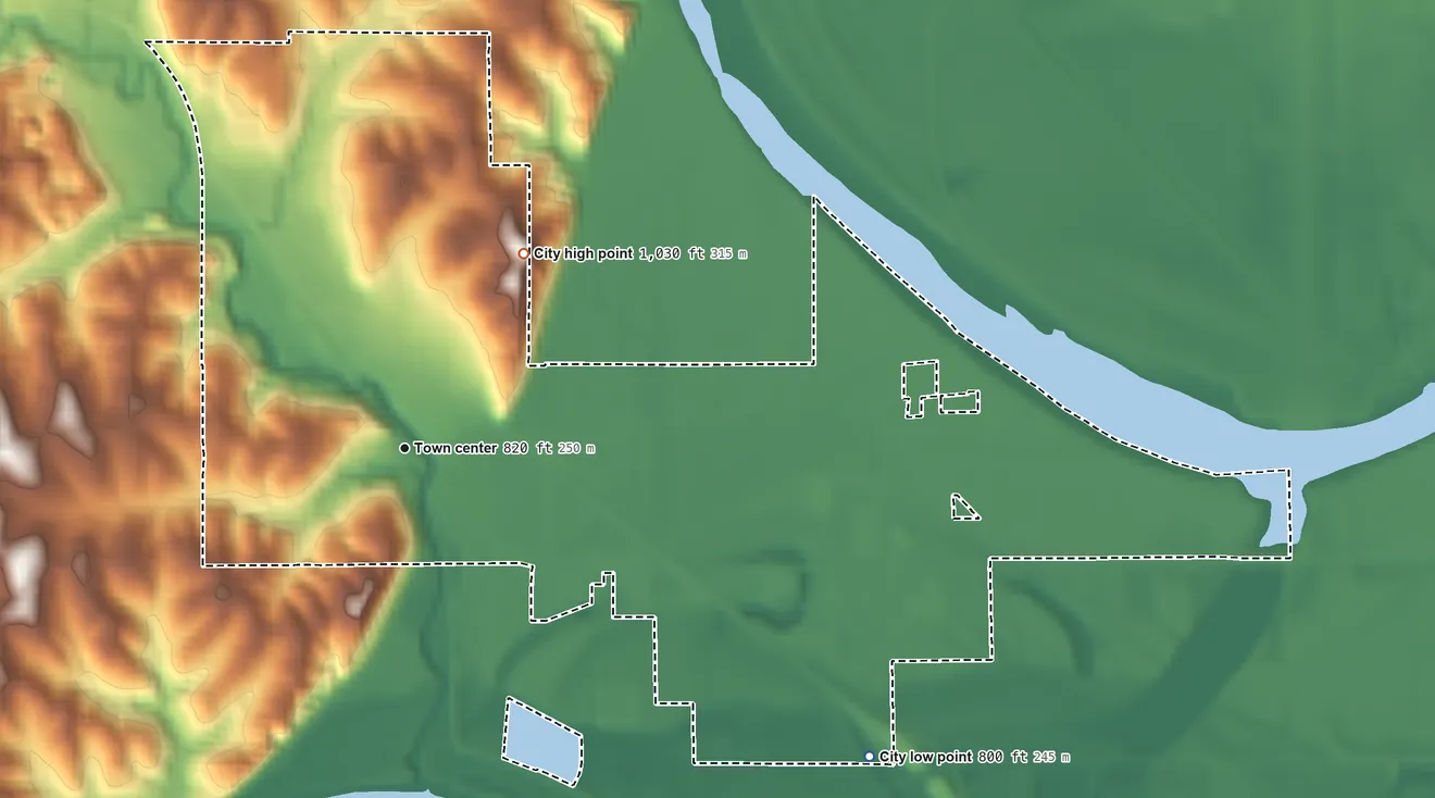 Topographic elevation map of Wathena, Kansas, shaded from 800 ft on the southeast side to 1,030 ft on the northeast side