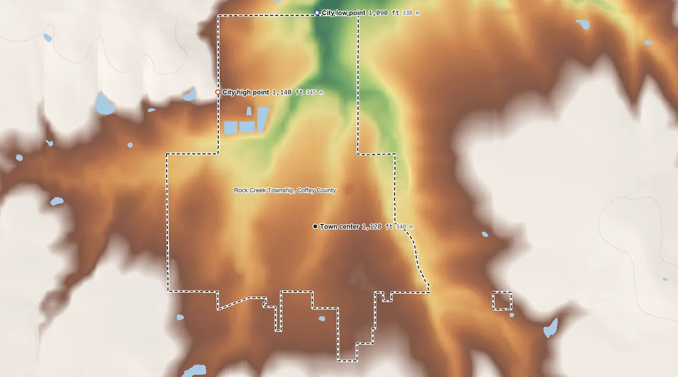 Topographic elevation map of Waverly, Kansas, shaded from 1,090 ft on the north side to 1,140 ft on the northwest side