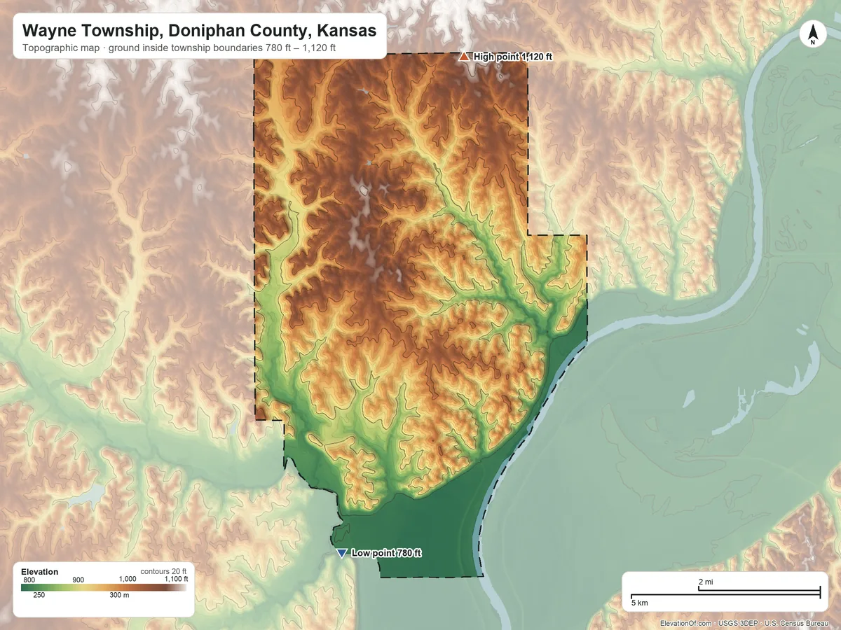 Topographic elevation map of Wayne Township, Doniphan County, Kansas, shaded from 780 ft on the south side to 1,120 ft on the north side