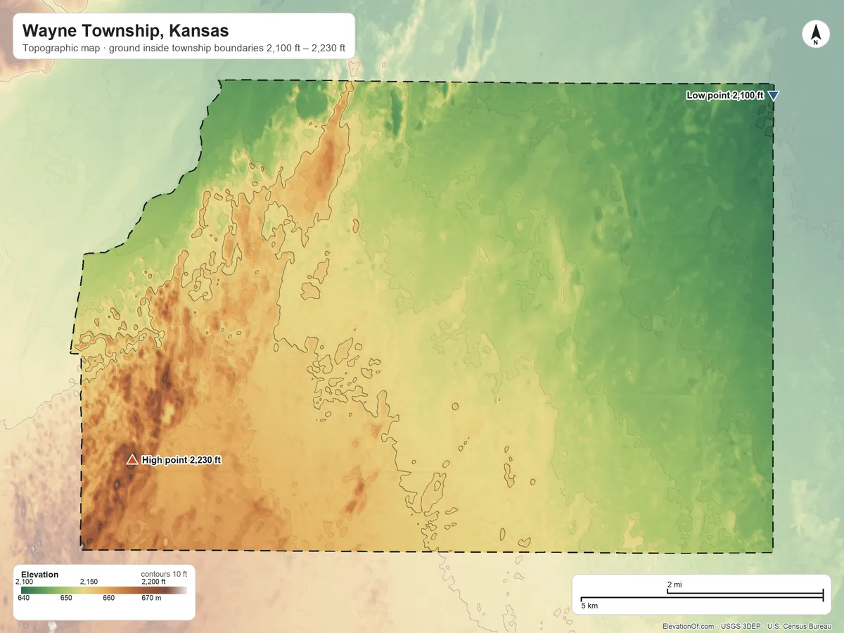 Topographic elevation map of Wayne Township, Kansas, shaded from 2,100 ft on the northeast side to 2,230 ft on the west side