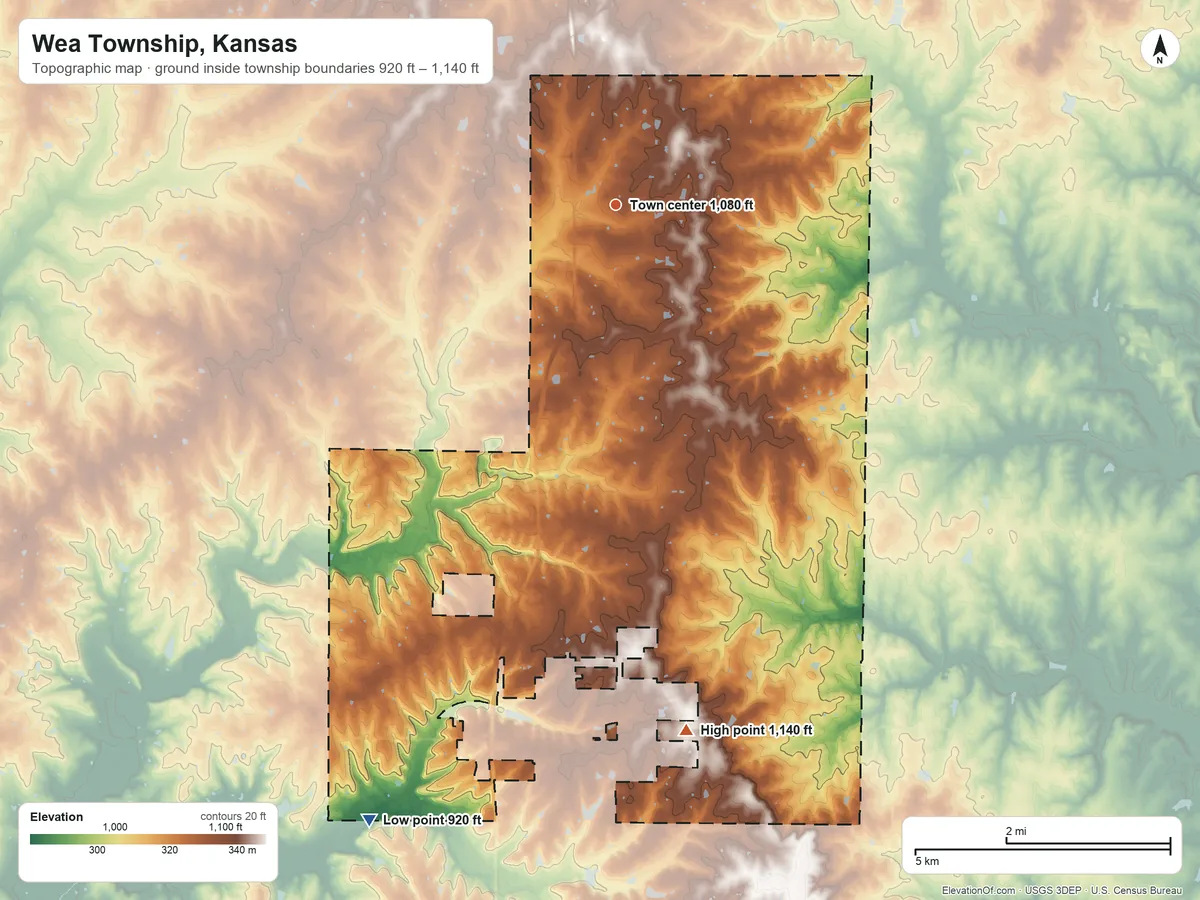 Topographic elevation map of Wea Township, Kansas, shaded from 920 ft on the south side to 1,140 ft on the south side