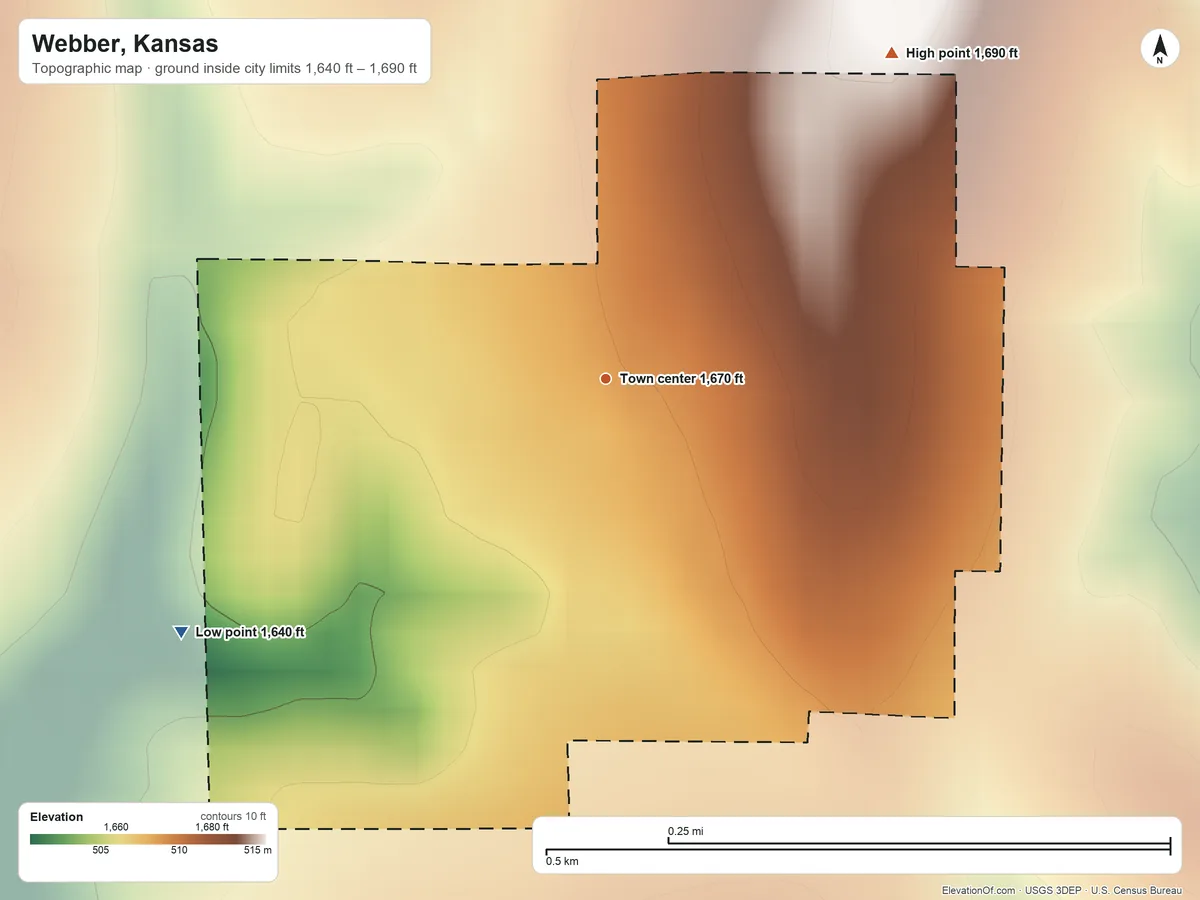 Topographic elevation map of Webber, Kansas, shaded from 1,640 ft on the southwest side to 1,690 ft on the northeast side