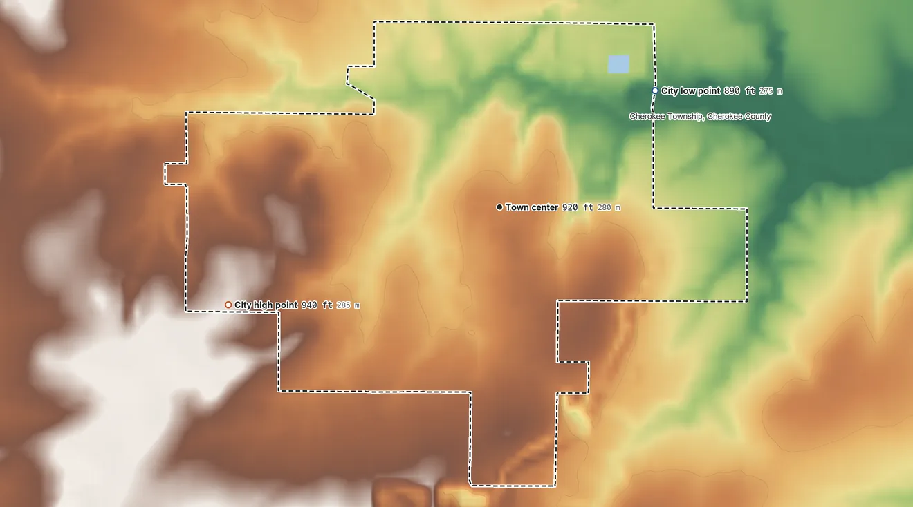 Topographic elevation map of Weir, Kansas, shaded from 890 ft on the northeast side to 940 ft on the west side