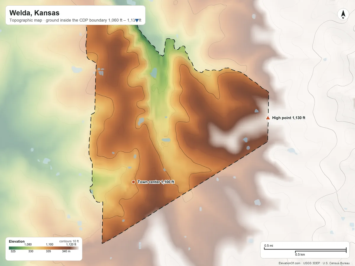Topographic elevation map of Welda, Kansas, shaded from 1,060 ft on the north side to 1,130 ft on the northeast side