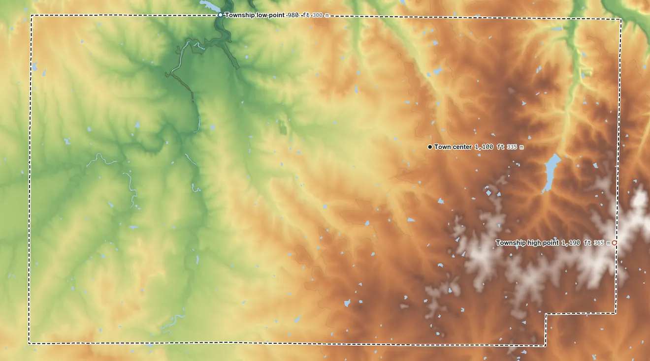 Topographic elevation map of Welda Township, Kansas, shaded from 980 ft on the northwest side to 1,190 ft on the southeast side