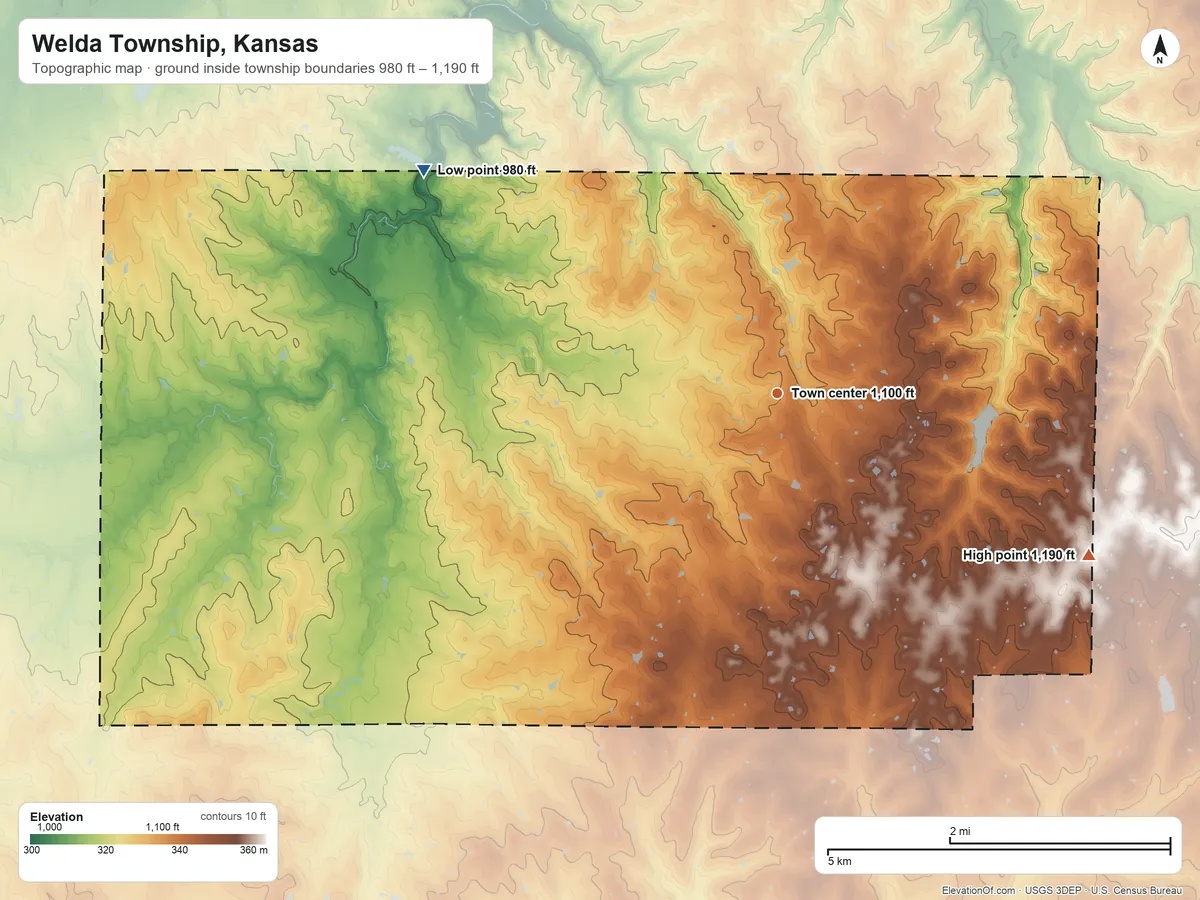 Topographic elevation map of Welda Township, Kansas, shaded from 980 ft on the northwest side to 1,190 ft on the southeast side