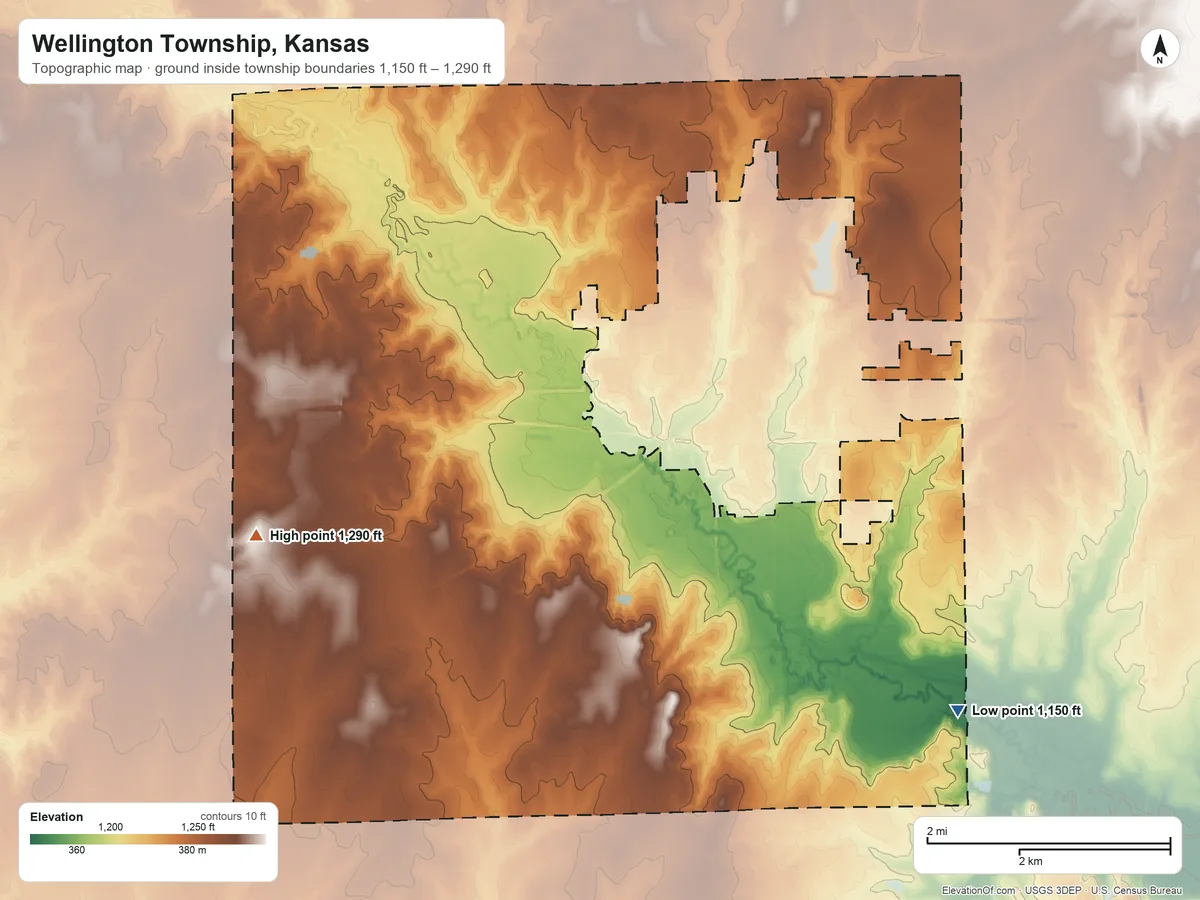 Topographic elevation map of Wellington Township, Kansas, shaded from 1,150 ft on the southeast side to 1,290 ft on the southwest side