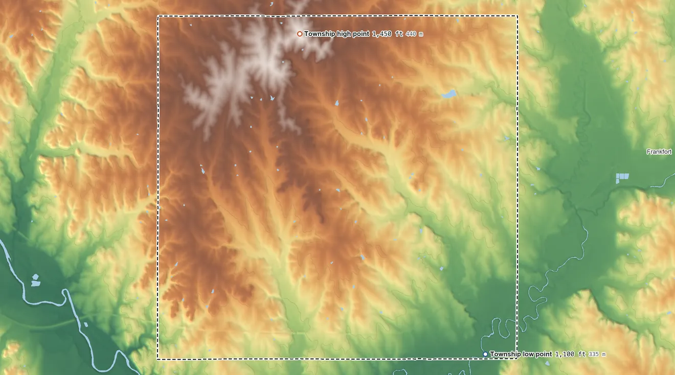 Topographic elevation map of Wells Township, Kansas, shaded from 1,100 ft on the southeast side to 1,450 ft on the northwest side