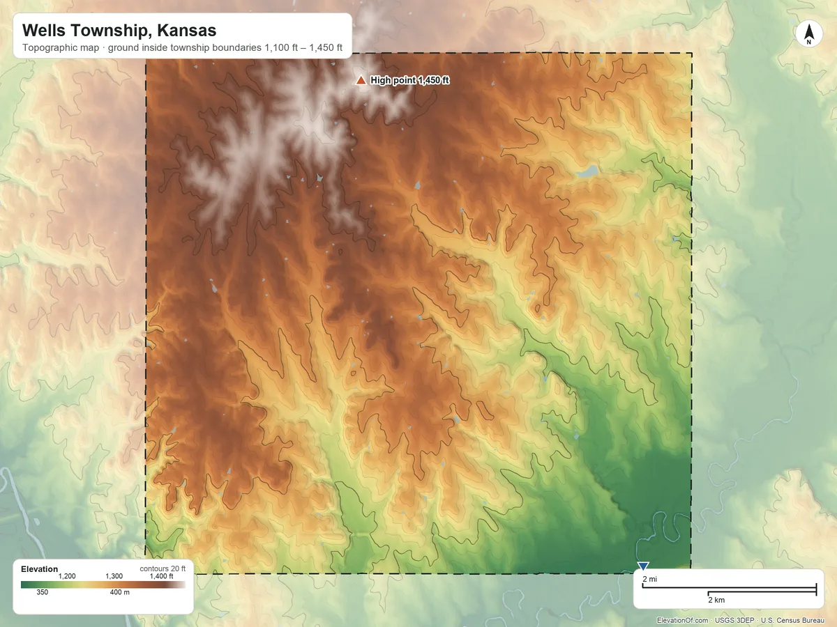 Topographic elevation map of Wells Township, Kansas, shaded from 1,100 ft on the southeast side to 1,450 ft on the northwest side