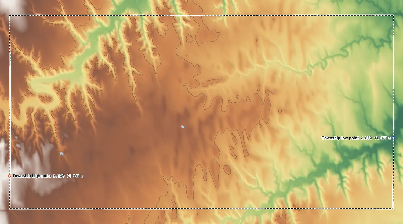 Topographic elevation map of Wendell Township, Kansas, shaded from 2,850 ft on the east side to 3,100 ft on the southwest side