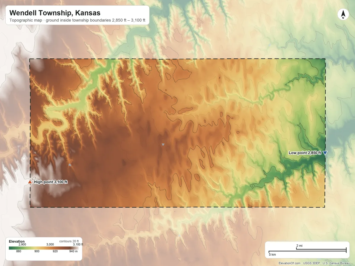 Topographic elevation map of Wendell Township, Kansas, shaded from 2,850 ft on the east side to 3,100 ft on the southwest side