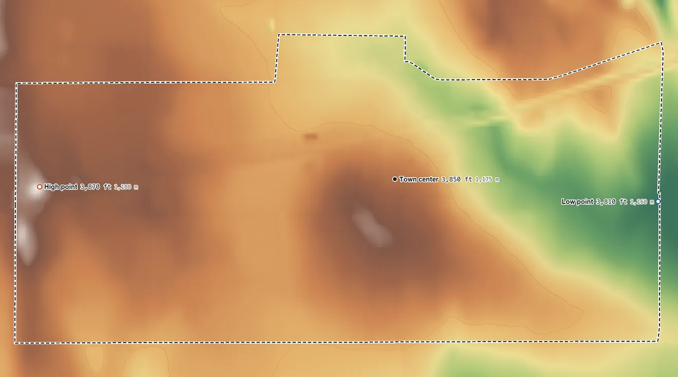 Topographic elevation map of Weskan, Kansas, shaded from 3,810 ft on the east side to 3,870 ft on the west side
