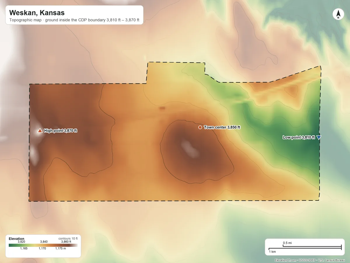 Topographic elevation map of Weskan, Kansas, shaded from 3,810 ft on the east side to 3,870 ft on the west side