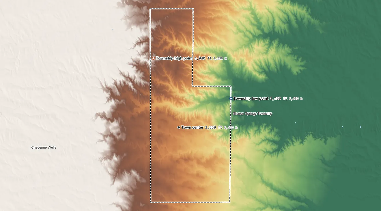 Topographic elevation map of Weskan Township, Kansas, shaded from 3,490 ft on the northeast side to 4,040 ft on Mount Sunflower