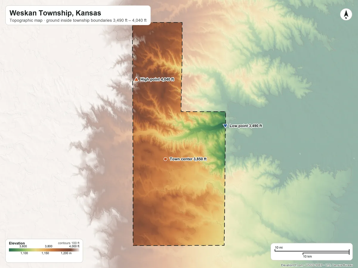 Topographic elevation map of Weskan Township, Kansas, shaded from 3,490 ft on the northeast side to 4,040 ft on Mount Sunflower