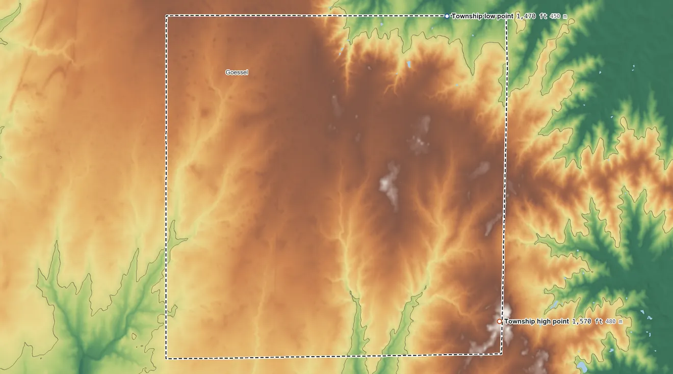 Topographic elevation map of West Branch Township, Kansas, shaded from 1,470 ft on the northeast side to 1,570 ft on the southeast side