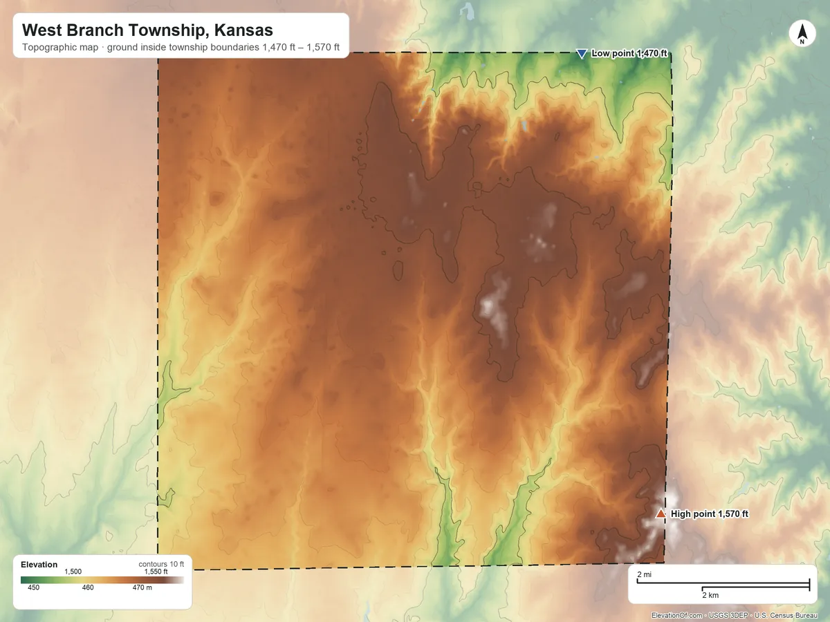 Topographic elevation map of West Branch Township, Kansas, shaded from 1,470 ft on the northeast side to 1,570 ft on the southeast side