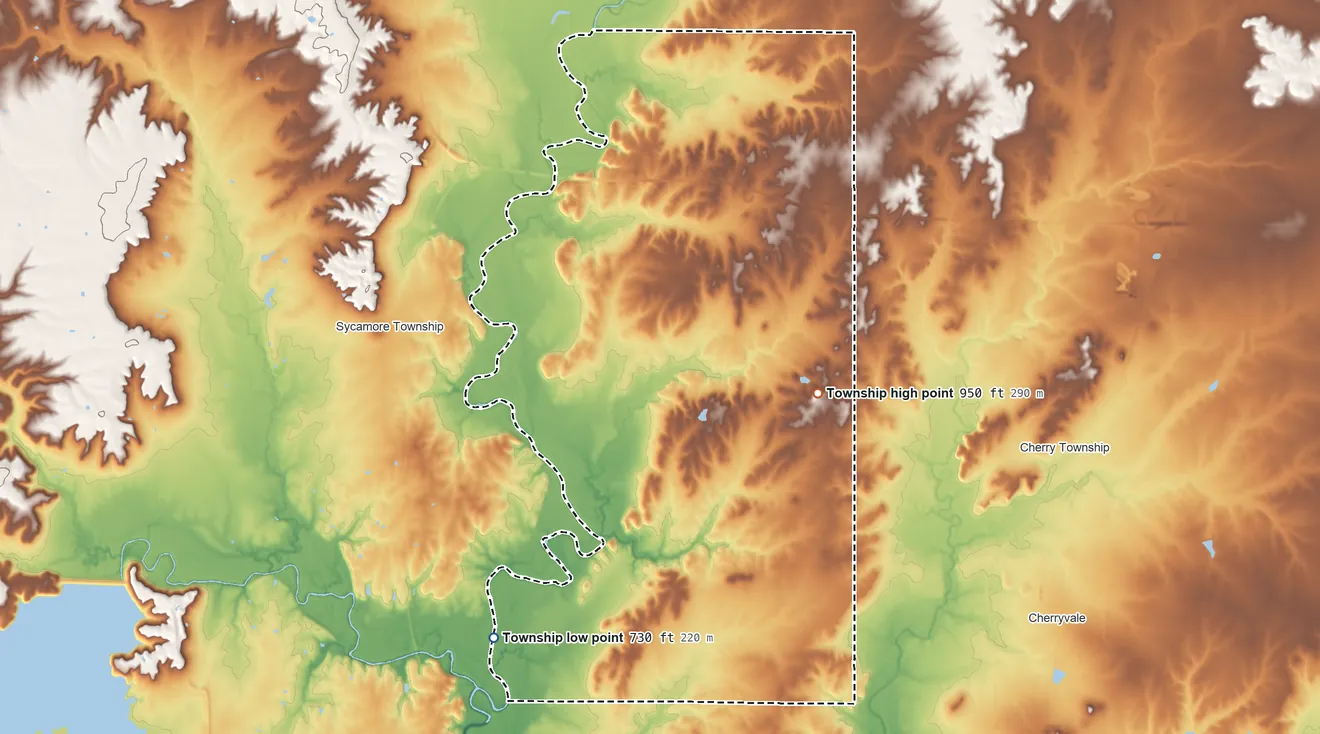 Topographic elevation map of West Cherry Township, Kansas, shaded from 730 ft on the southwest side to 950 ft on the east side