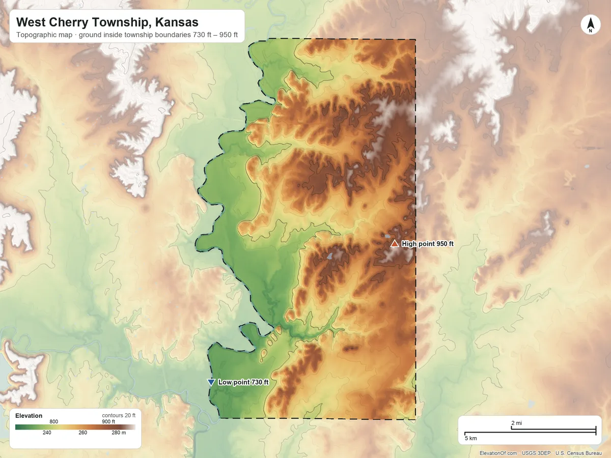 Topographic elevation map of West Cherry Township, Kansas, shaded from 730 ft on the southwest side to 950 ft on the east side