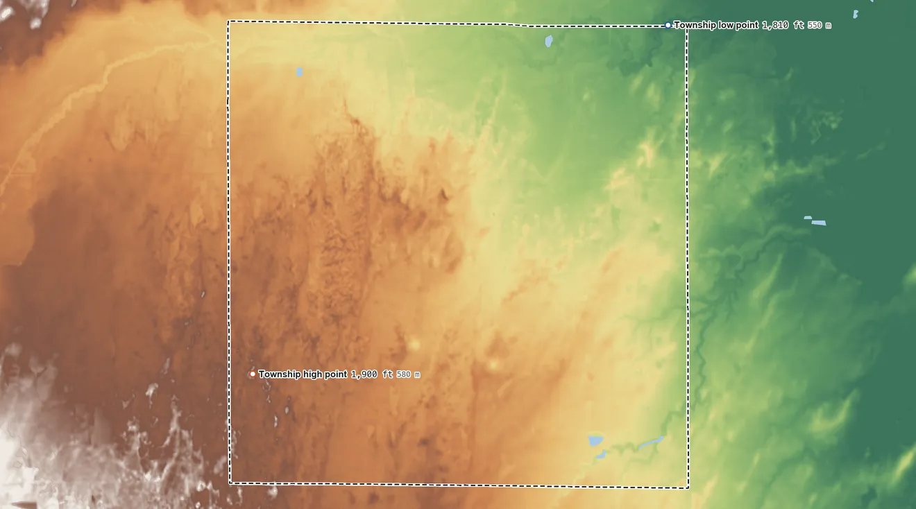 Topographic elevation map of West Cooper Township, Kansas, shaded from 1,810 ft on the north side to 1,900 ft on the west side