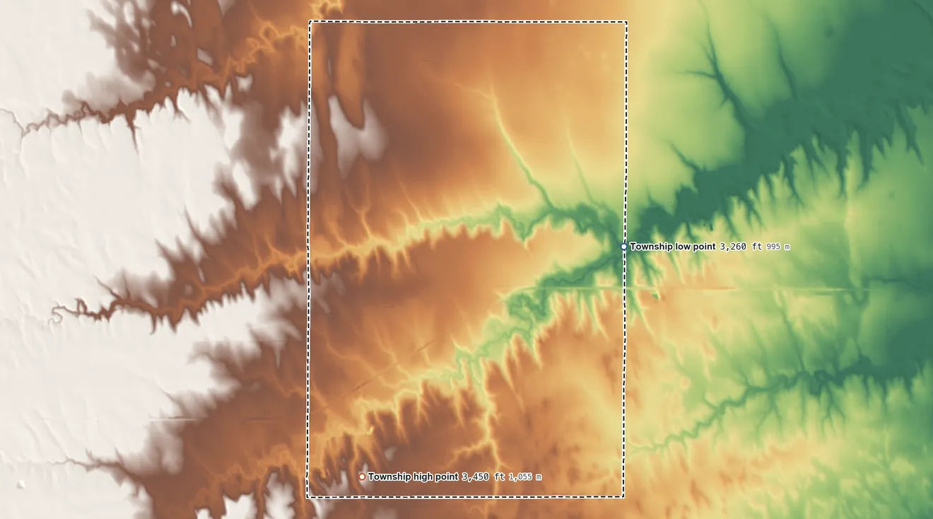 Topographic elevation map of West Hale Township, Kansas, shaded from 3,260 ft on the east side to 3,450 ft on the south side