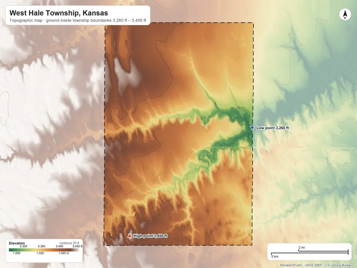 Topographic elevation map of West Hale Township, Kansas, shaded from 3,260 ft on the east side to 3,450 ft on the south side