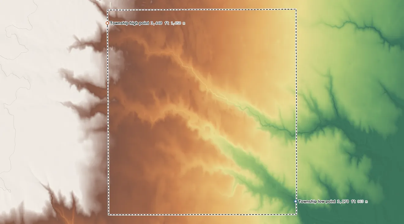 Topographic elevation map of West Hibbard Township, Kansas, shaded from 3,170 ft on the east side to 3,440 ft on the northwest side