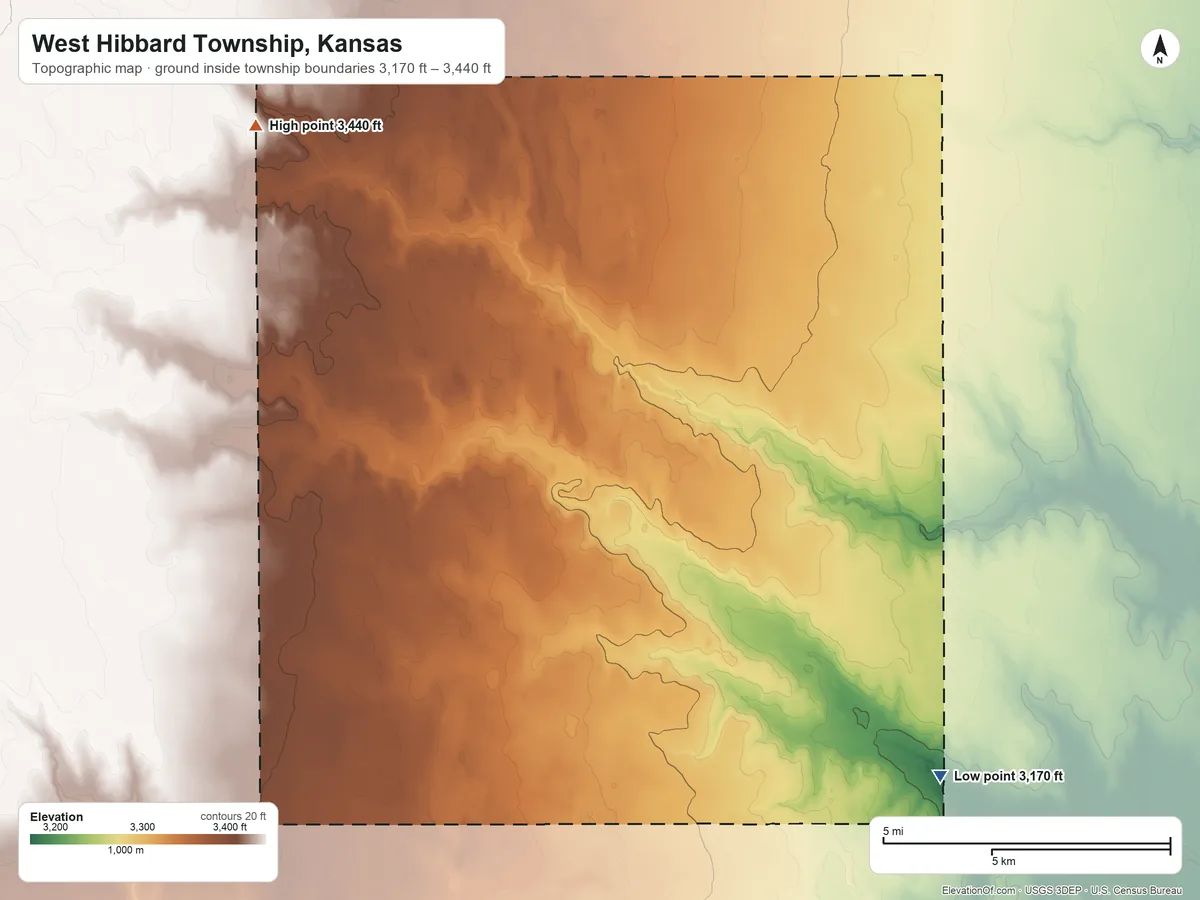 Topographic elevation map of West Hibbard Township, Kansas, shaded from 3,170 ft on the east side to 3,440 ft on the northwest side