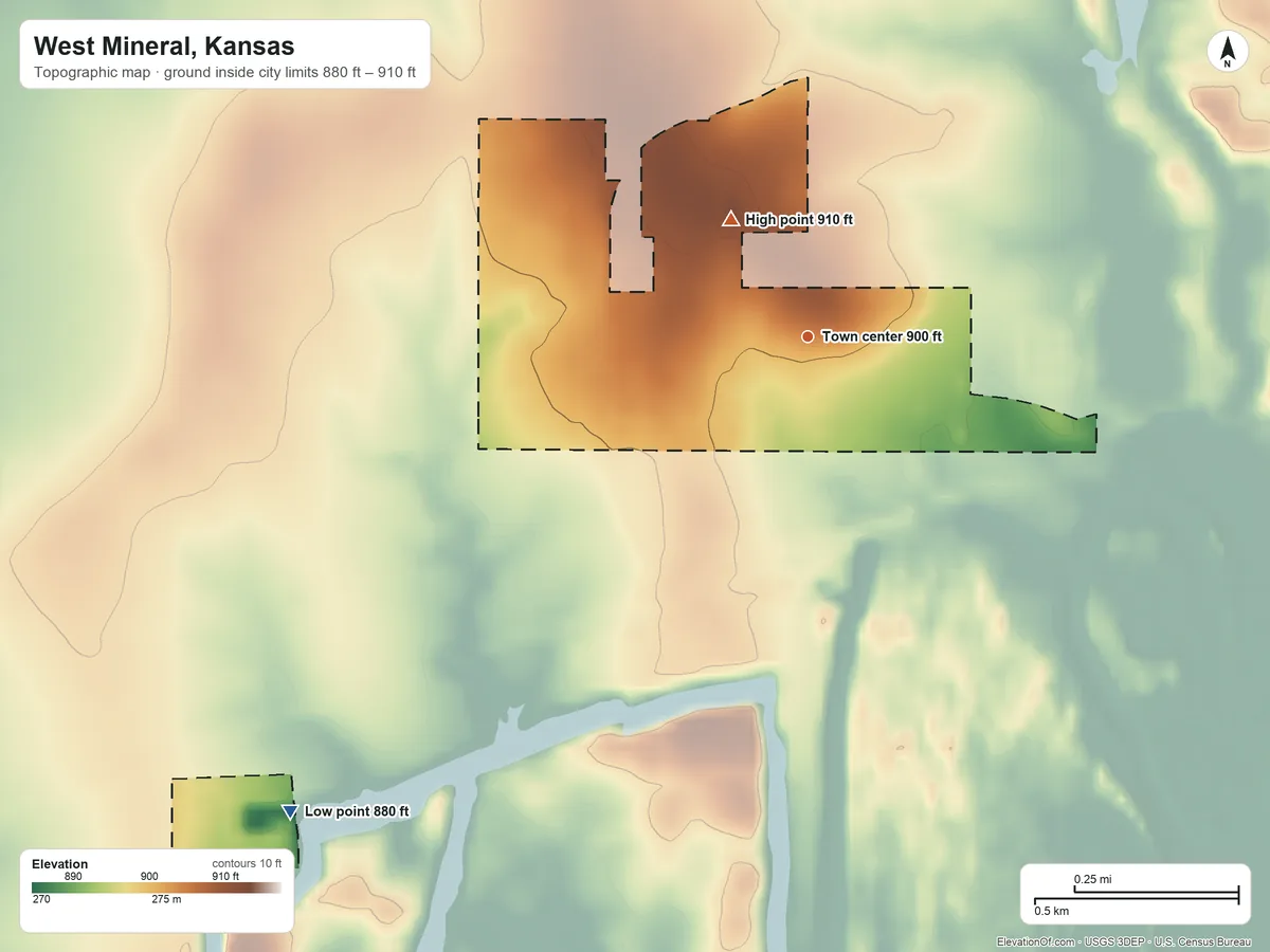 Topographic elevation map of West Mineral, Kansas, shaded from 880 ft on the southwest side to 910 ft on the northwest side