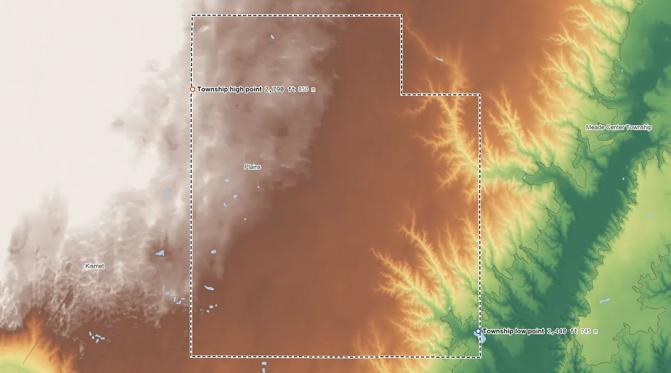 Topographic elevation map of West Plains Township, Kansas, shaded from 2,440 ft on the southeast side to 2,790 ft on the northwest side
