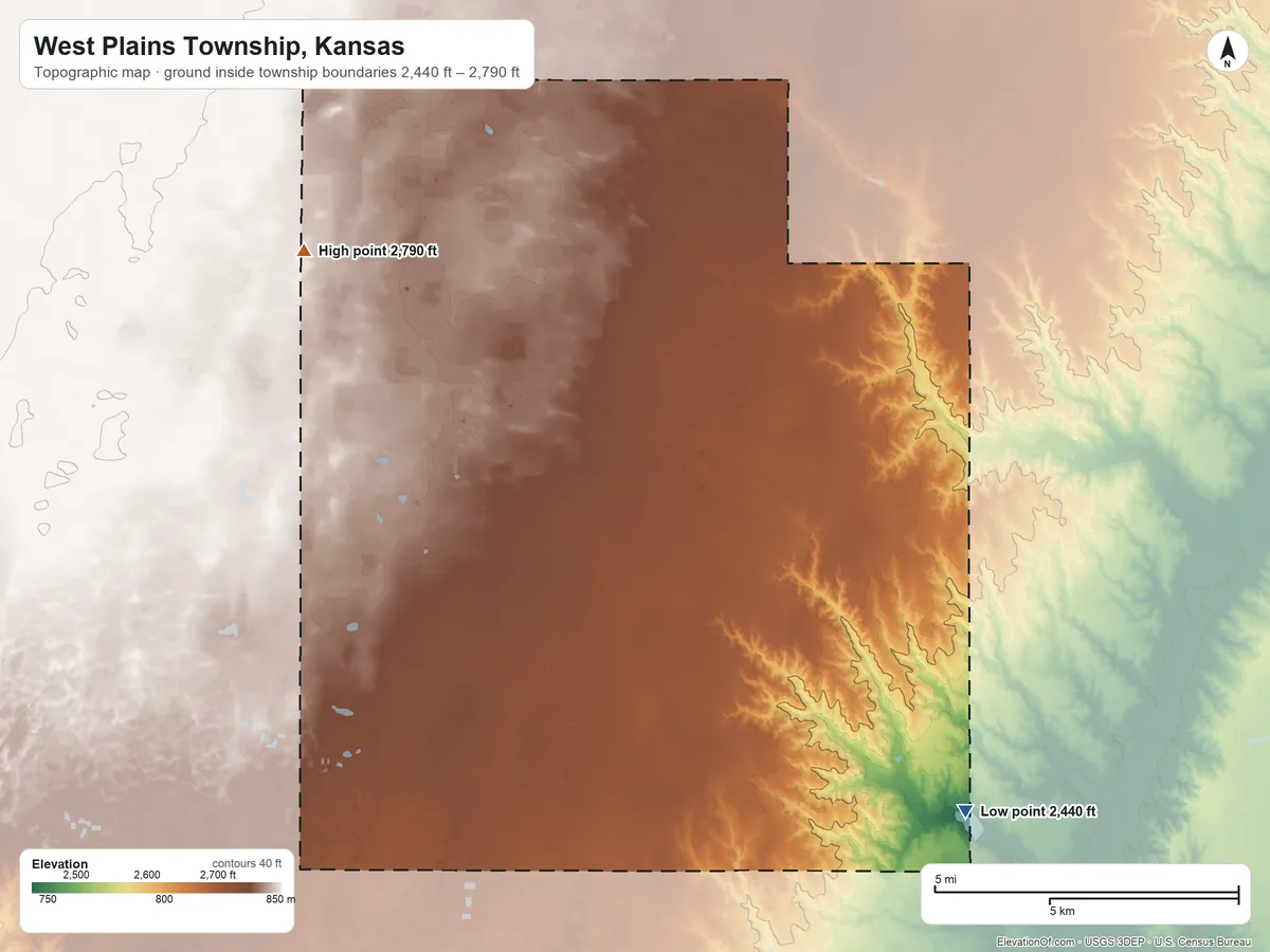Topographic elevation map of West Plains Township, Kansas, shaded from 2,440 ft on the southeast side to 2,790 ft on the northwest side