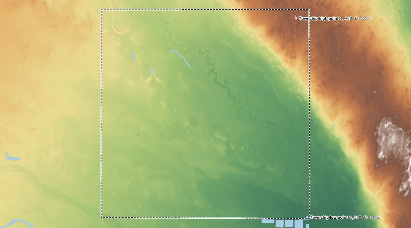 Topographic elevation map of West Washington Township, Kansas, shaded from 1,580 ft on the southeast side to 1,720 ft on the northeast side