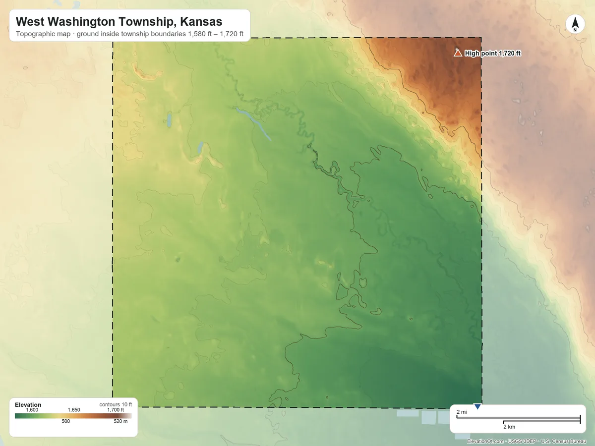 Topographic elevation map of West Washington Township, Kansas, shaded from 1,580 ft on the southeast side to 1,720 ft on the northeast side