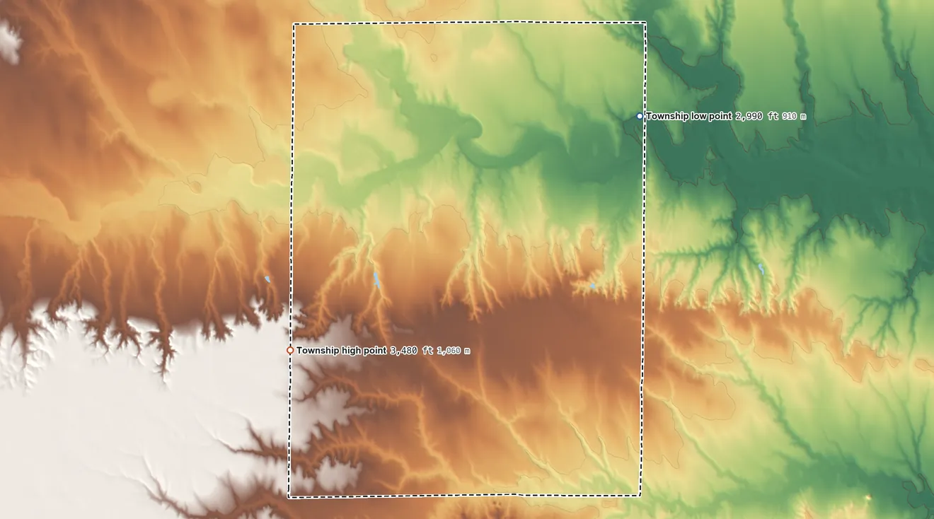 Topographic elevation map of Western Township, Kansas, shaded from 2,990 ft on the east side to 3,480 ft on the southwest side
